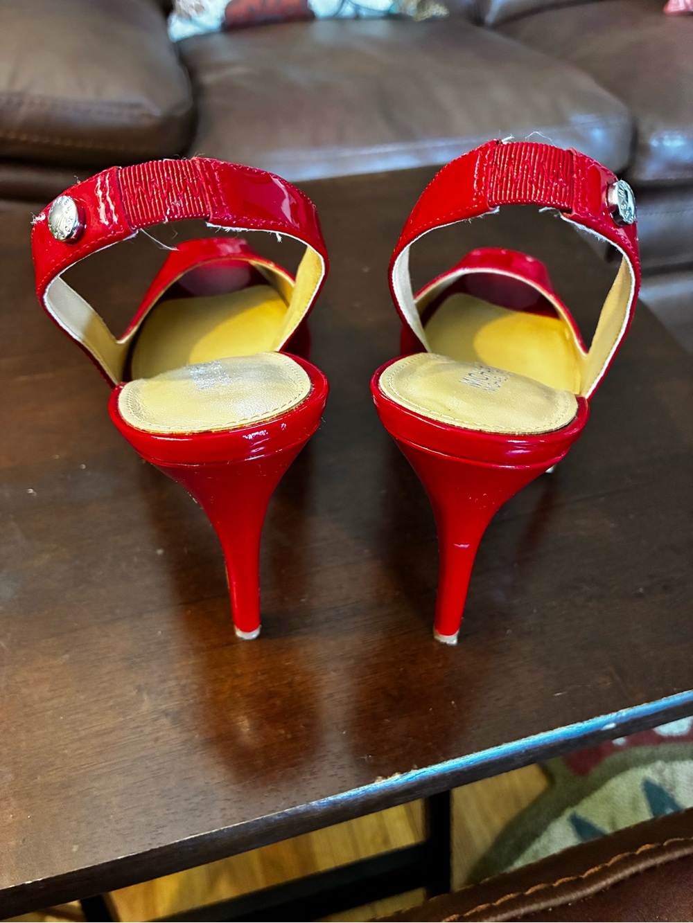 Michael Kors Size 6M, Red Patent Leather Peep-Toe Slingback Heels. Pre owned. - Picture 3 of 4